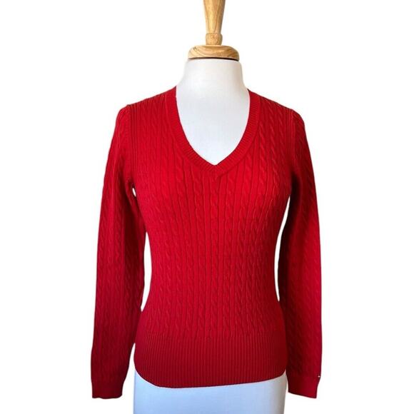 Vintage Y2K Tommy Hilfiger M Red Cable Knit V-Neck Sweater ASO Elena Gilbert - Picture 1 of 8